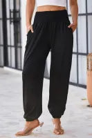 Black Smocked High Waisted Jogger