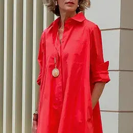 Lapel Long Sleeve Shirt Dress RED