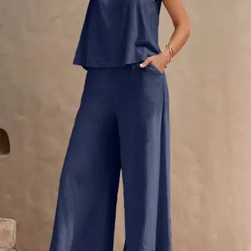 Crew Neck Sleeveless Top Pants Suit DARKBLUE