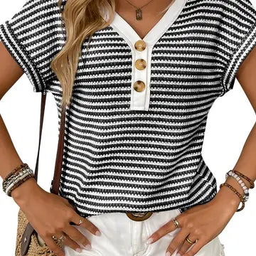 Women's Knitted V-Neck Short Sleeves Black