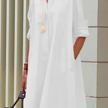 Lapel Long Sleeve Shirt Dress WHITE
