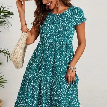 Printed Round Neck Dress Green