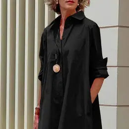 Lapel Long Sleeve Shirt Dress BLACK